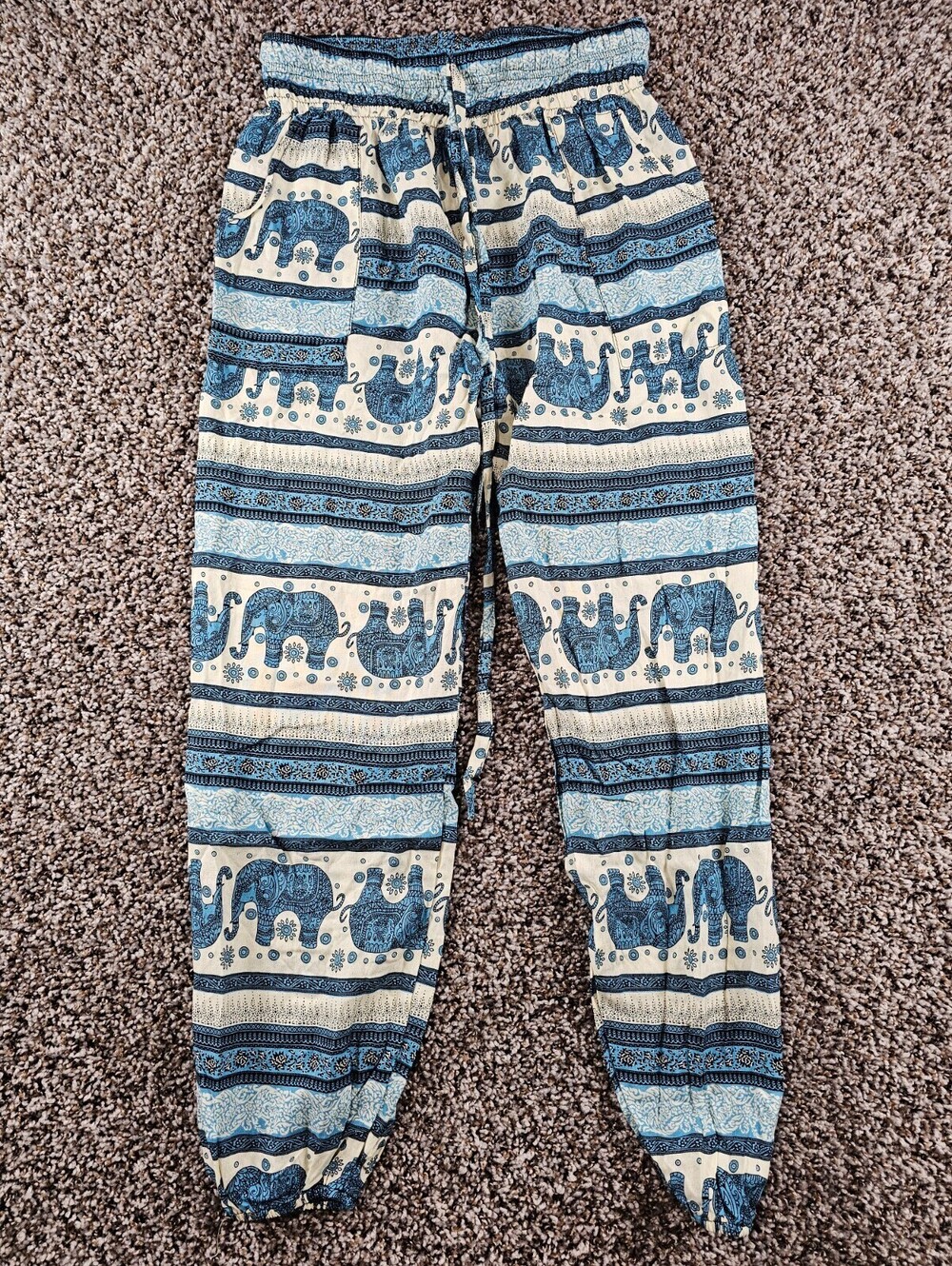 Womens Sz S blue and cream elephant print rayon harem pants Boho